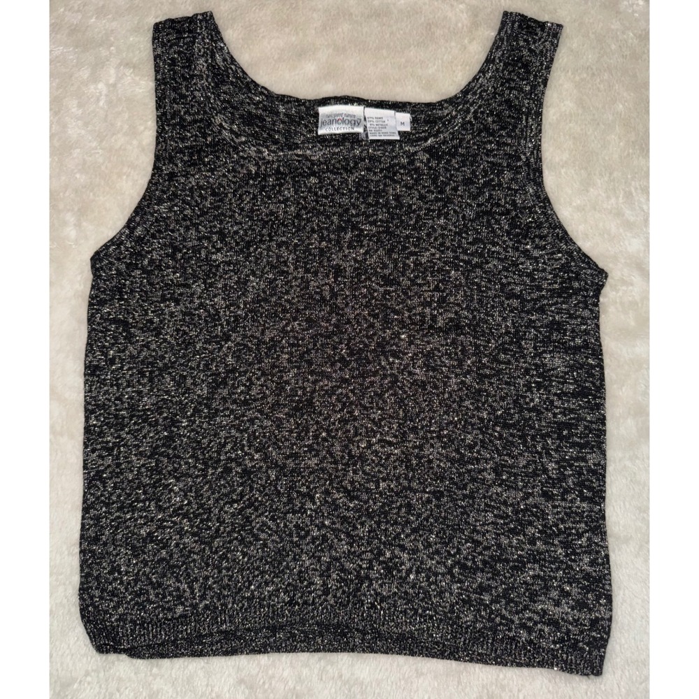 Newport News Jeanology Metallic Knit Tank Top Black Silver/Gold Shimmer Shell M
